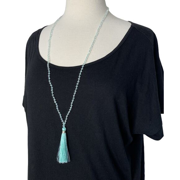 SHIRALEAH Anthro NEW Beaded Fringe Turquoise Nusa Necklace Long Blue Water Boho - Picture 1 of 5